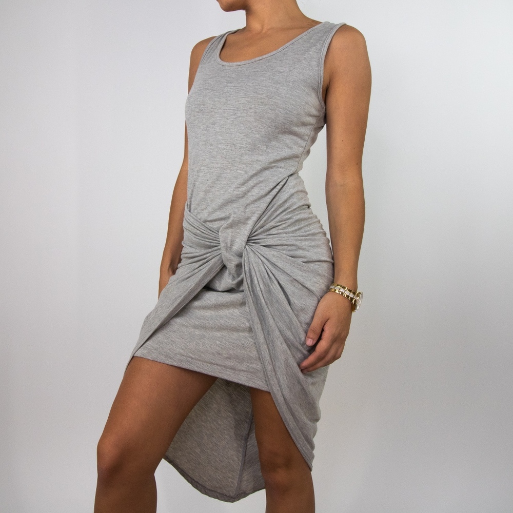 asymmetrical Grey Dress with Knot Design